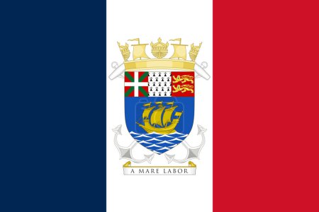 Das offizielle aktuelle Wappen der Territorialen Gemeinschaft Saint-Pierre und Miquelon auf der französischen Flagge.