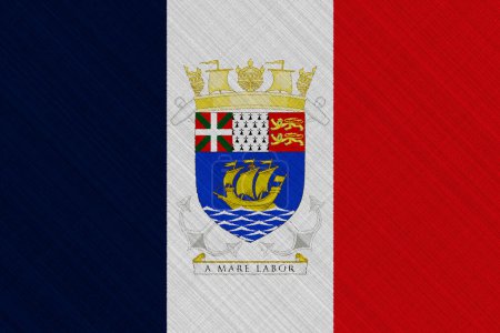 Wappen der Föderation der Territorialen Gemeinschaft von Saint-Pierre und Miquelon auf der französischen Flagge auf strukturiertem Hintergrund. Konzeptcollage.