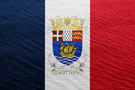 Escudo de armas de la Federación de Colectividad Territorial de San Pedro y Miquelón sobre la bandera de Francia sobre fondo texturizado. Concepto collage.