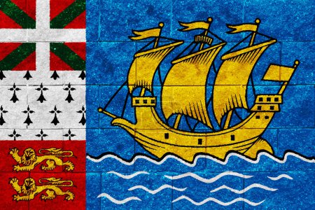 Flagge von Saint Pierre und Miquelon auf einem strukturierten Hintergrund. Konzeptcollage.