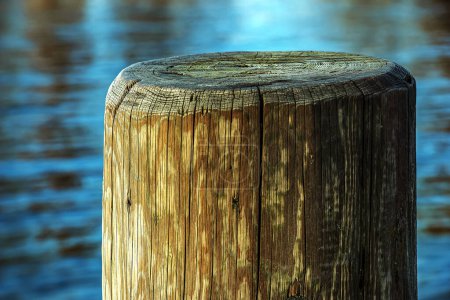 A pier made of wooden piles for mooring boats and maintaining the stability of the pier against the backdrop of water Lake Traunsee in Austria.