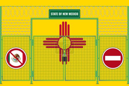 Photo for New Mexico flag behind barbed wire and a fence with a lock. The problem of illegal migration. - Royalty Free Image