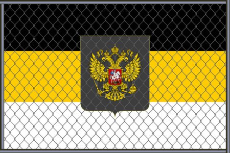 Illustration der kaiserlichen Flagge und des Wappens Russlands unter dem Gitter. Konzept des Isolationismus.