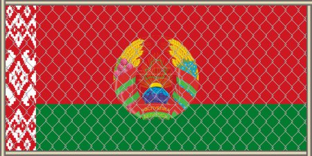 Ilustración de la bandera y el escudo de armas de la República de Belarús bajo la celosía. Concepto de aislacionismo.