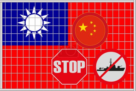 Téléchargez les photos : Illustration du drapeau de Taiwan sous le treillis. Concept d'isolationnisme. Pas de guerre. - en image libre de droit