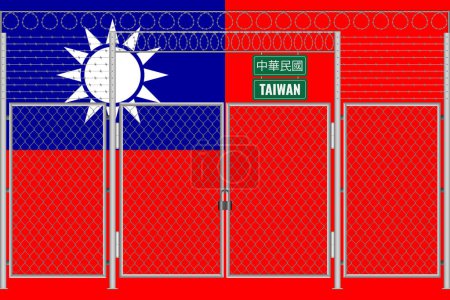 Illustration der Flagge Taiwans unter dem Gitter. Konzept des Isolationismus. Kein Krieg.