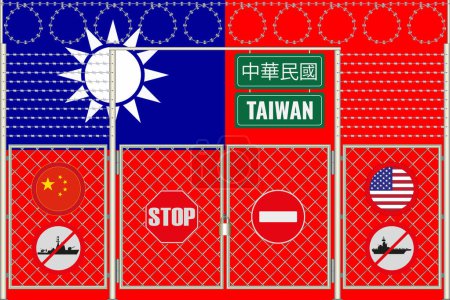 Téléchargez les photos : Illustration du drapeau de Taiwan sous le treillis. Concept d'isolationnisme. Pas de guerre. - en image libre de droit