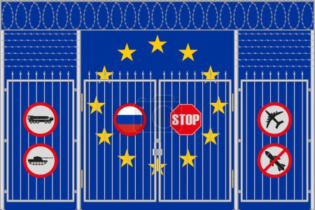 Téléchargez les photos : Illustration du drapeau de l'Union européenne sous le treillis. Concept d'isolationnisme. Pas de guerre. - en image libre de droit