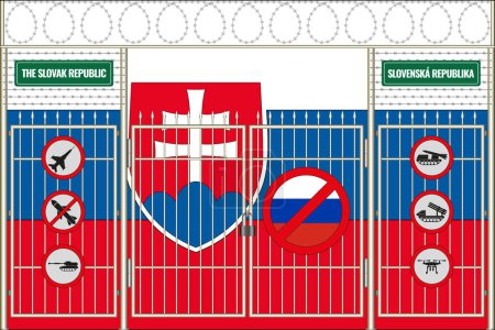 Abbildung der slowakischen Flagge unter Gittern. Das Konzept des Isolationismus. Kein Krieg.