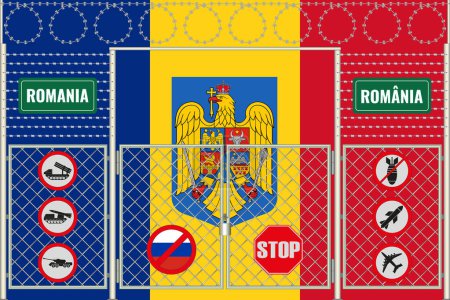 Téléchargez les photos : Illustration du drapeau de Roumanie sous le treillis. Le concept d'isolationnisme. Pas de guerre. - en image libre de droit