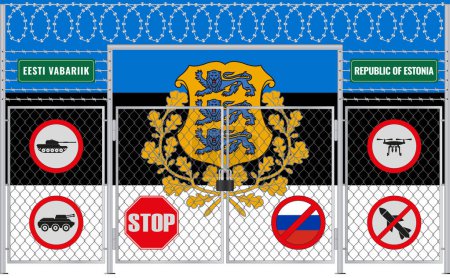 Illustration der Flagge Estlands unter dem Gitter. Das Konzept des Isolationismus. Kein Krieg.