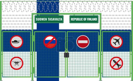 Illustration der finnischen Flagge unter dem Gitter. Das Konzept des Isolationismus. Kein Krieg.
