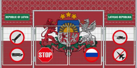 Illustration of the Latvian flag under the lattice. The concept of isolationism. No war.