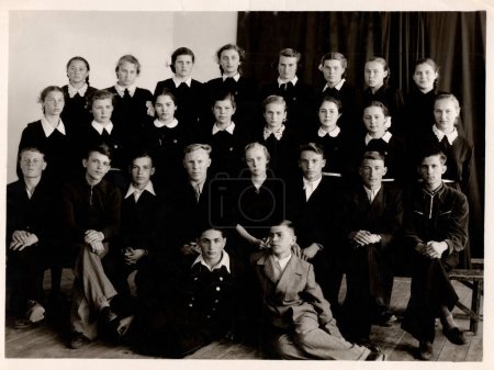 Photo for Chasov Yar, USSR, Ukraine - 05.19.1956: Retro photo of a group of Soviet school graduates. Vintage. - Royalty Free Image