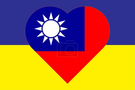 Téléchargez les illustrations : Coeur peint aux couleurs du drapeau de Taïwan sur le drapeau de l'Ukraine. Illustration d'un cœur avec le symbole national de Taïwan sur fond bleu-jaune. - en licence libre de droit
