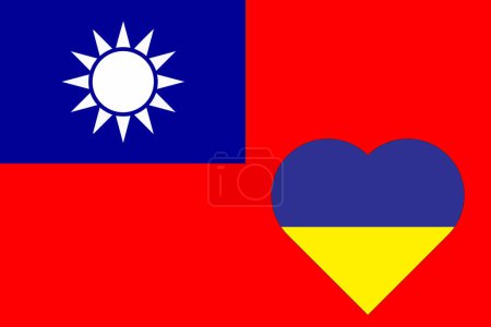 Téléchargez les illustrations : Un cœur peint aux couleurs du drapeau de l'Ukraine sur le drapeau de Taiwan. Illustration d'un cœur bleu et jaune sur le symbole national. - en licence libre de droit