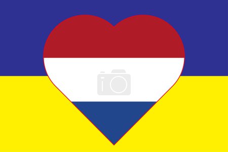 Ilustración de Corazón pintado en los colores de la bandera de Holanda en la bandera de Ucrania. Ilustración de un corazón con el símbolo nacional de Holanda sobre un fondo azul-amarillo. - Imagen libre de derechos