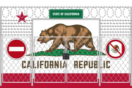 Téléchargez les illustrations : Drapeau de Californie derrière un fil barbelé et une clôture avec une serrure. Le problème de l'immigration clandestine. - en licence libre de droit