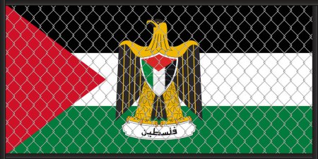 Vektorillustration der Flagge und des Wappens Palästinas unter dem Gitter. Das Konzept des Isolationismus.