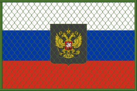 Ilustración vectorial de la bandera y el escudo de armas de Rusia bajo la celosía. Concepto de aislacionismo.
