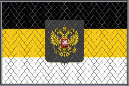 Vector illustration of the imperial flag and coat of arms of Russia under the lattice. Concept of isolationism.