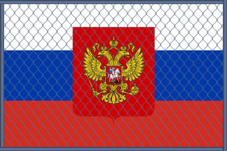 Vector illustration of the flag and coat of arms of Russia under the lattice. Concept of isolationism.