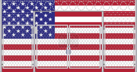 Ilustración vectorial de la bandera de Estados Unidos bajo celosía. Concepto de aislacionismo.