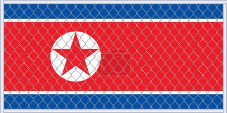 Ilustración vectorial de la bandera de Corea del Norte bajo la celosía. Concepto de aislacionismo.