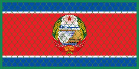 Vector illustration of the North Korea flag and coat of arms under the lattice. Concept of isolationism.