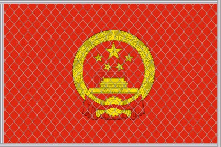 Ilustración vectorial de la bandera y el escudo de armas de China bajo la celosía. Concepto de aislacionismo.