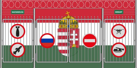 Vektorillustration der ungarischen Flagge unter dem Gitter. Das Konzept des Isolationismus. Kein Krieg.