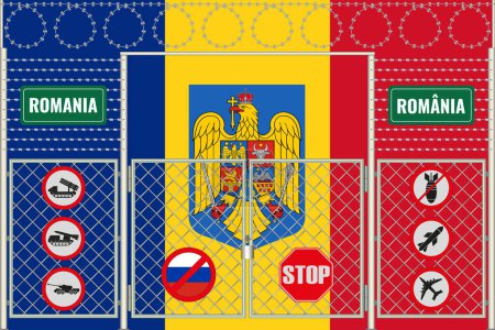 Vektorillustration der rumänischen Flagge unter dem Gitter. Das Konzept des Isolationismus. Kein Krieg.