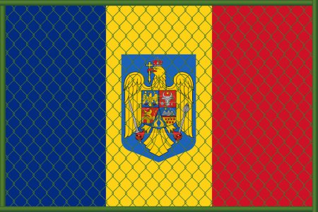 Illustration for Vector illustration of the flag of Romania under the lattice. The concept of isolationism. No war. - Royalty Free Image