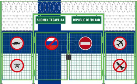 Vektorillustration der finnischen Flagge unter dem Gitter. Das Konzept des Isolationismus. Kein Krieg.