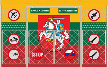 Vector illustration of Lithuania flag under the lattice. The concept of isolationism. No war.