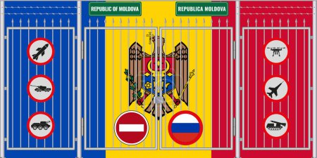 Vektorillustration der Flagge Moldawiens unter dem Gitter. Das Konzept des Isolationismus. Kein Krieg.
