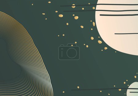Illustration for Abstract pattern vector background. Minimal cosmos banner design with wave lines, sun, moon, star. Trendy geometric illustration in golden, green colored. - Royalty Free Image