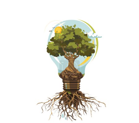 Téléchargez les illustrations : Illustration vectorielle d'énergie verte. Ampoule avec arbre à l'intérieur, racines comme l'électricité à l'extérieur. Concept de conservation de l'environnement écologique, énergies renouvelables. Protection de l'environnement, sources durables. - en licence libre de droit