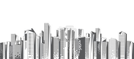 Illustration for City vector border background. Urban cityscape with skyscrapers, in abstract monochrome simple flat style. Isolated on white background. - Royalty Free Image