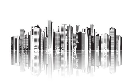 Illustration for City vector background. Urban cityscape with skyscrapers reflection in water, in abstract simple flat style. Isolated on white background. - Royalty Free Image