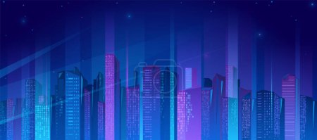 Illustration for Neon city vector illustration. Night cityscape with with bright and glowing neon purple and blue lights, skylines skycraper. Futiristic glow town background concept. - Royalty Free Image