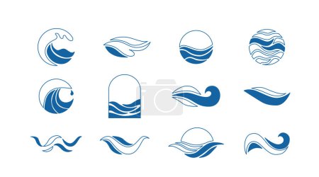 Téléchargez les illustrations : Ensemble de vecteurs de logo Wave. Modèles d'icônes d'eau. Ligne abstraite mer, océan déferle en cercle. Concept liquide bleu nature. - en licence libre de droit