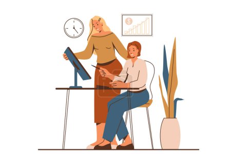 Téléchargez les illustrations : Illustration vectorielle d'entrepreneur féminin. Une femme montre l'autre processus d'affaires de femme à l'écran d'ordinateur. Isolé sur fond blanc. - en licence libre de droit