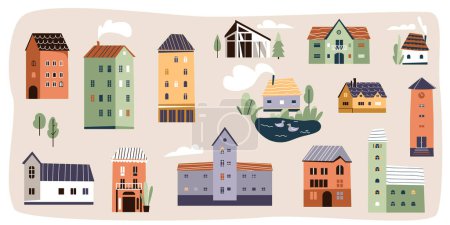 Illustration for Houses set vector illustration. Small building for city or village design in trendy modern flat cartoon style. Cute scandinavian color urban landscape. - Royalty Free Image