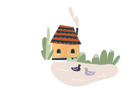 Ilustración de Pequeña casa cerca de estanque con ilustración vector patos aislados sobre fondo blanco. - Imagen libre de derechos