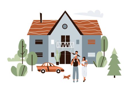 Illustration for House with family outside vector illustration. Concept of happy suburb lifestyle with mom, father, kid and dog. Real estate, residential area background. - Royalty Free Image