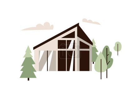 Illustration for Modern house vector illustration in simple flat minimal style with trees. Isolated on white background. - Royalty Free Image