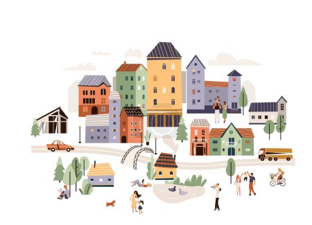 Illustration for City life scene with people vector illustration. Flat modern town background with happy rest family. Ecology nature cityscape with man, woman, children, dog. - Royalty Free Image