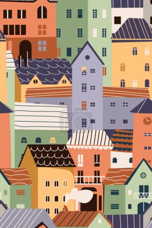 Illustration for Tiny houses seamless pattern vector illustration. Little cartoon buildings in bright color. Cute city wallpaper. - Royalty Free Image