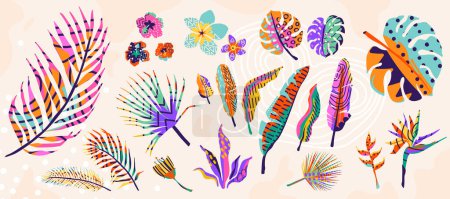 Illustration for Tropical leaves, flowers vector background set. Exotic floral, plant elements in textured flat trendy modern style. Bright color. Jungle collage illustration. - Royalty Free Image